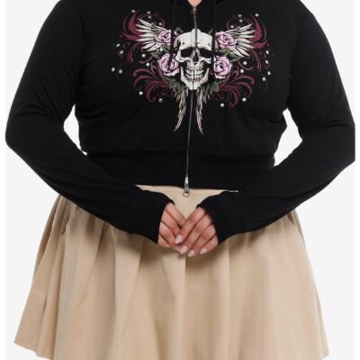 Social Collision® Skull & Roses Rhinestone Crop Girls Hoodie Plus Size