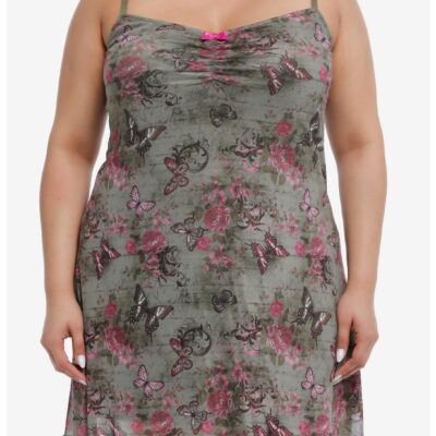 Sweet Society Pink & Green Butterfly Mesh Cami Dress Plus Size