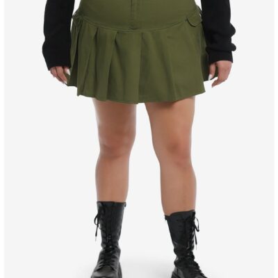 Green Cargo Pleated Skirt Plus Size