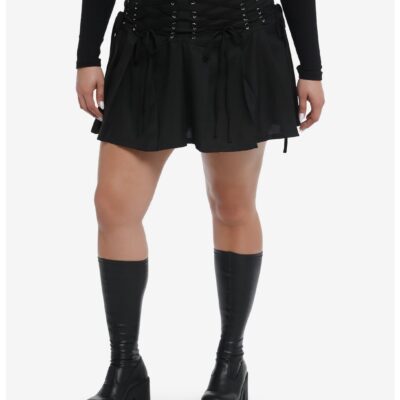 Black Lace-Up Waistband Pleated Mini Skirt Plus Size