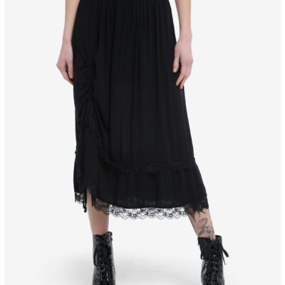 Black Lace Ruched Midi Skirt