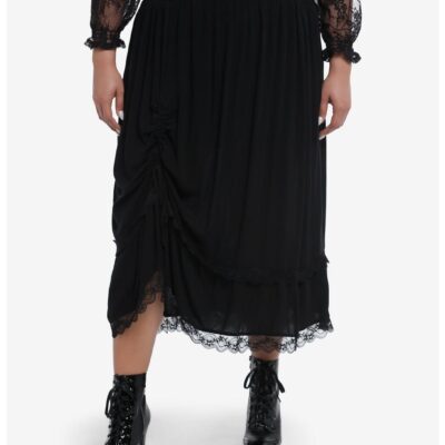 Black Lace Ruched Midi Skirt Plus Size