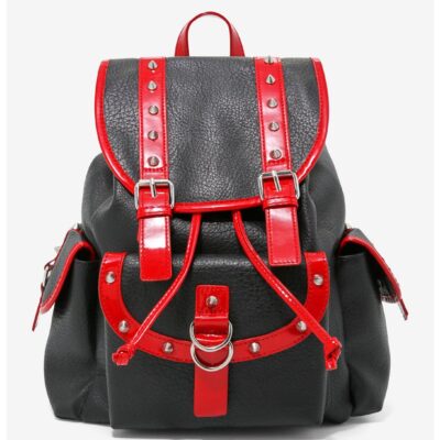 Red & Black Spike Faux Leather Slouch Backpack