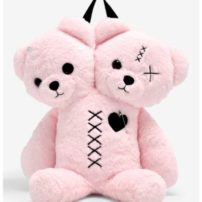 Pink Double Bear Head Plush Backpack