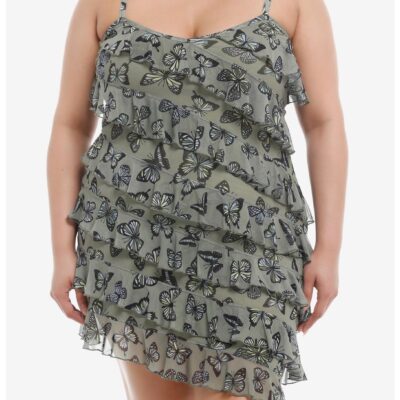 Thorn & Fable® Olive Butterfly Ruffle Cami Dress Plus Size