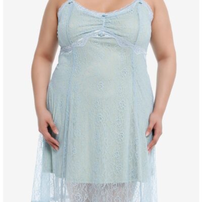 Thorn & Fable® Baby Blue Rosette Lace Cami Dress Plus Size