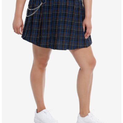 Social Collision® Blue & Orange Plaid Pleated Skirt With Chain Plus Size