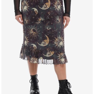 Cosmic Aura® Celestial Skull Asymmetrical Midi Skirt Plus Size