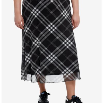 Social Collision® Black & White Plaid Mesh Midi Skirt Plus Size