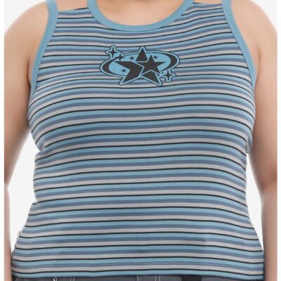 Social Collision® Blue & Grey Stripe Stars Double-Strap Girls Tank Top Plus Size