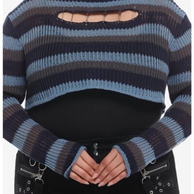 Social Collision® Blue & Grey Stripe Safety Pin Bolero Girls Crop Sweater Plus Size