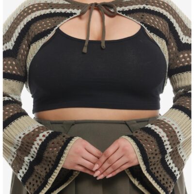 Social Collision® Green Tan Knit Bolero Girls Crop Shrug Plus Size