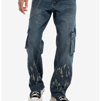 Indigo Flame Cargo Pocket Straight-Leg Jeans