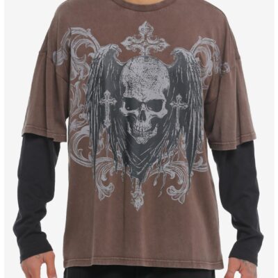 Social Collision® Skulls & Crosses Oversized Twofer Long-Sleeve T-Shirt