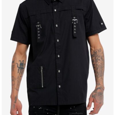 Cosmic Aura® Black Grommet Strap Woven Button-Up