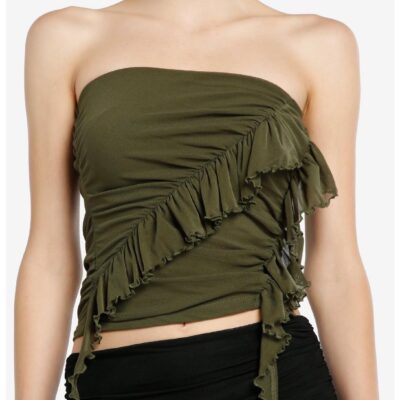 Olive Ruffle Asymmetrical Girls Tube Top