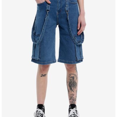 Indigo Suspender Long Denim Cargo Shorts