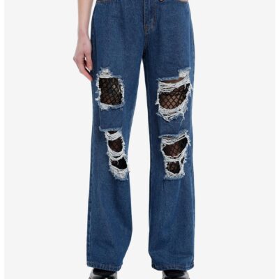 Indigo Destructed Fishnet Wide Leg Denim Pants