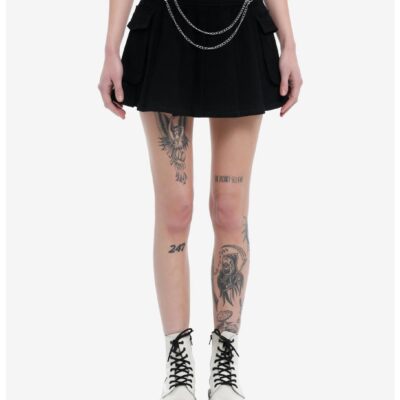 Black Double Chain Cargo Pleated Skirt