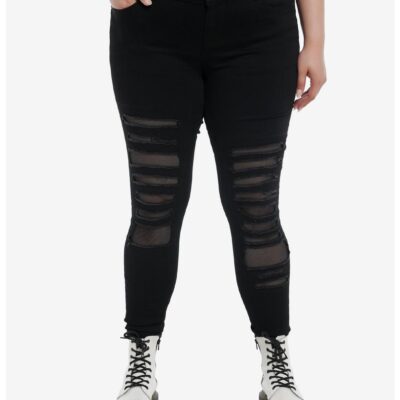 Social Collision® Black Destructed Fishnet Super Skinny Jeans Plus Size