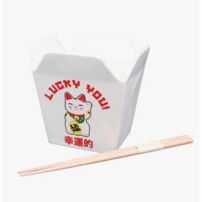 Lucky Cat Lucky You Take Out Ramen Bowl With Chopsticks