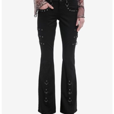 Black Stud D-ring Flare Pants