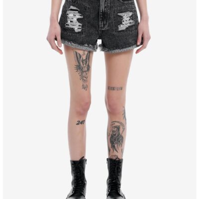 Distressed Skull Patch Dark Wash High Rise Denim Shorts