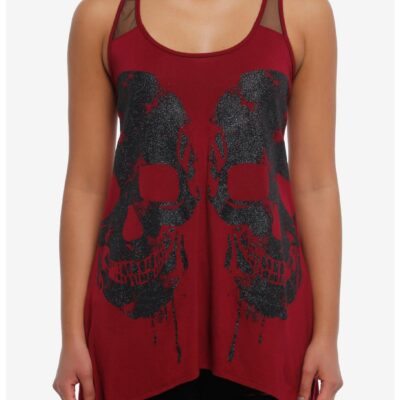 Social Collision® Burgundy Glitter Skull Shark Bite Girls Tank Top