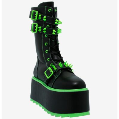 YRU Black & Neon Green Spiked Trance Platform Boots